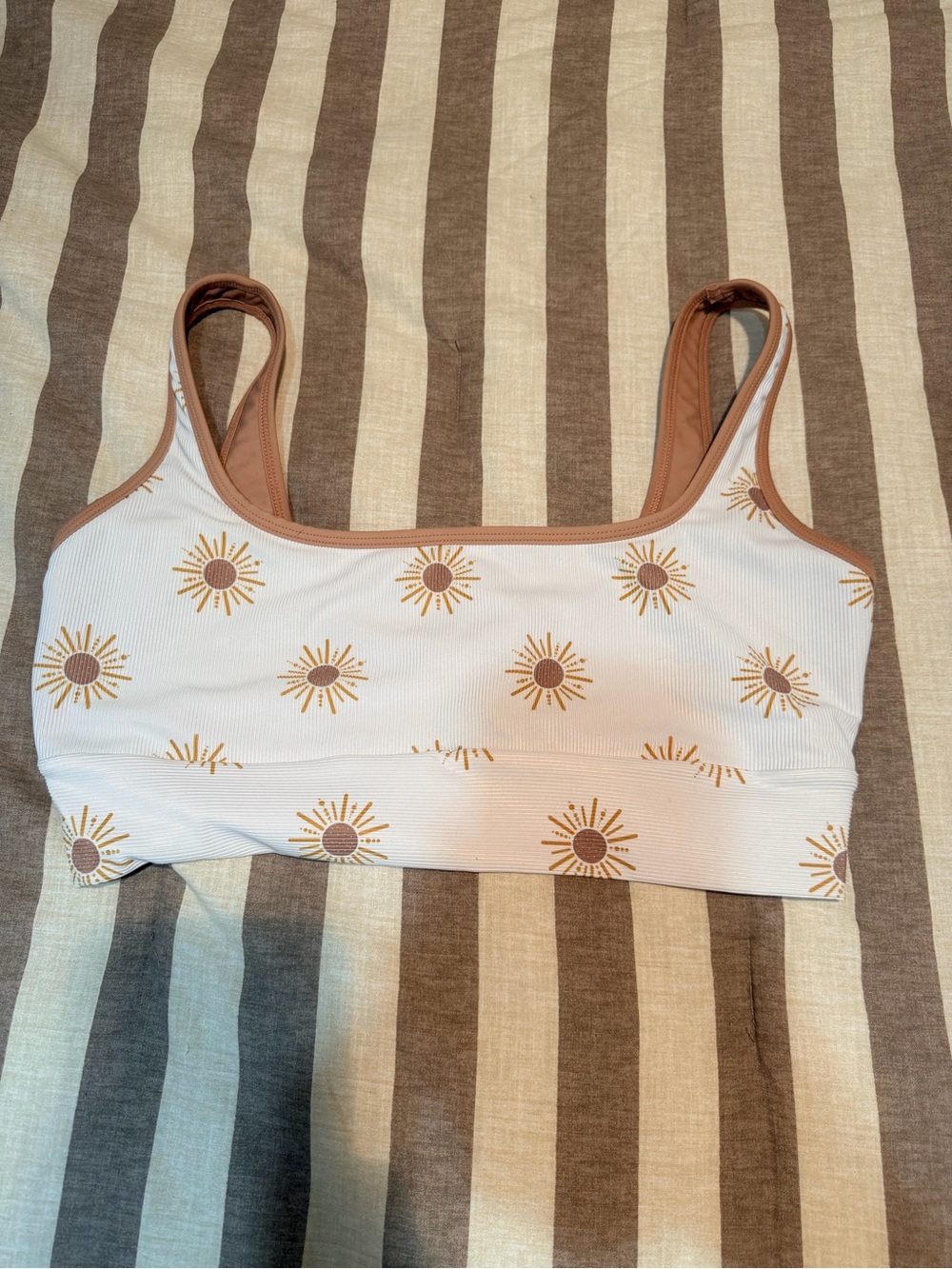 Sunburst Print Ribbed Sports Bralette - White & Brown